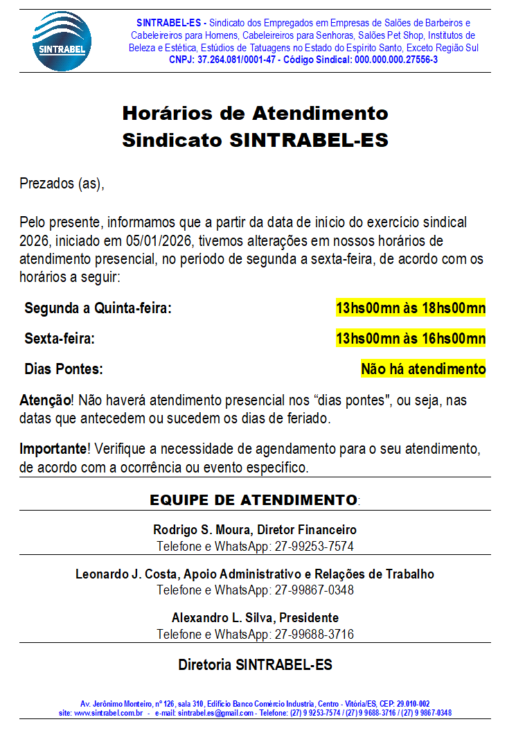 Horários de Atendimento