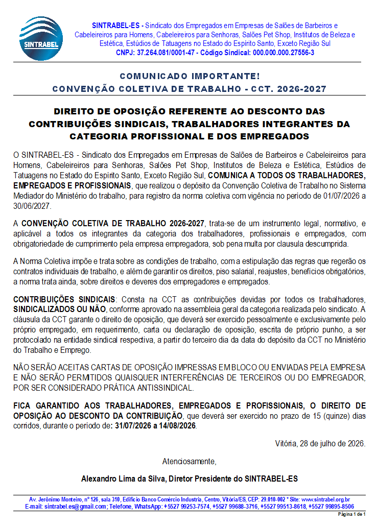 Convenção Coletiva de Trabalho, 2026-2027, COMUNICADO IMPORTANTE